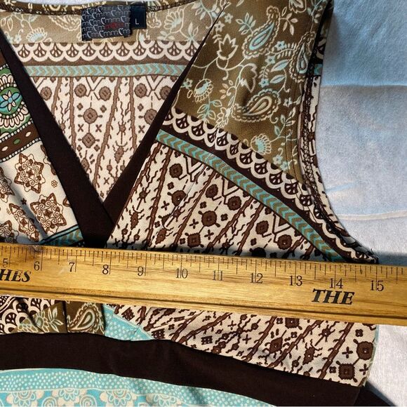 MCM Babydoll Sleeveless V-Neck Belted Tank Top Side Slits Y2K Size L Brown Teal - Picture 8 of 9